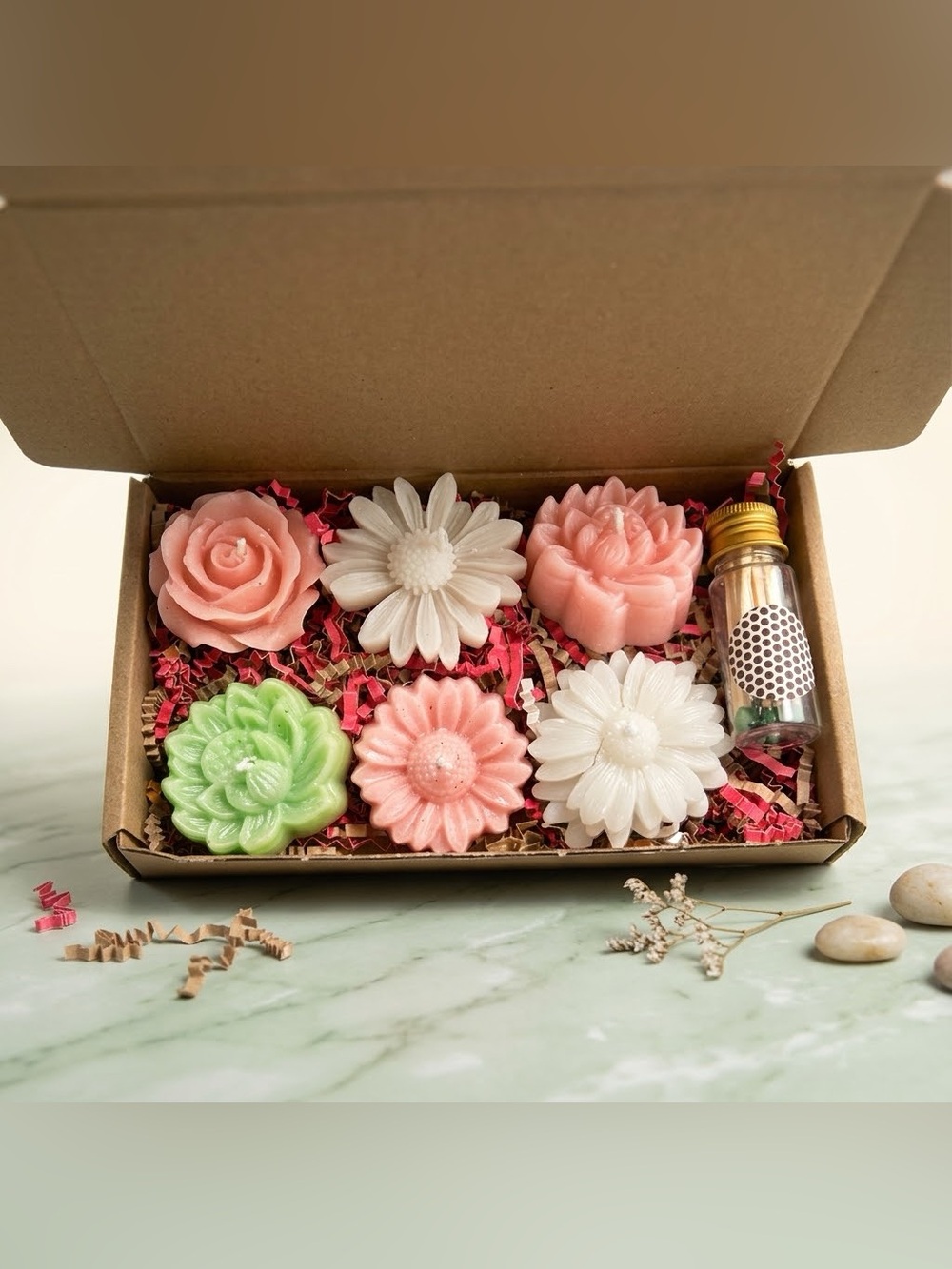 6 Floral candles and matches Gift Set - Pink, White & Green